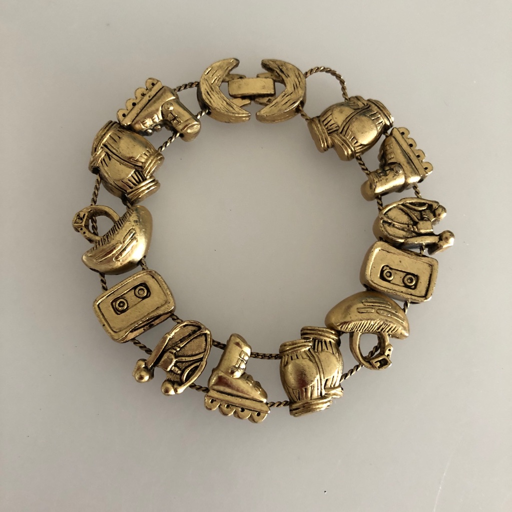 Vtg 1980s-Theme Slide Charm Bracelet Roller Skates
